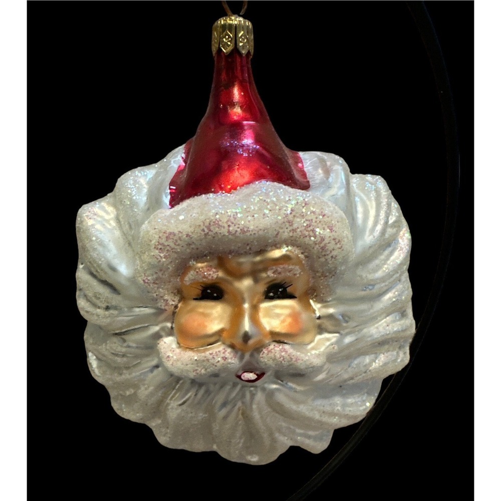 Christopher Radko Santa Claus Ornament White Red Glass Glitter Face Winter Winds
